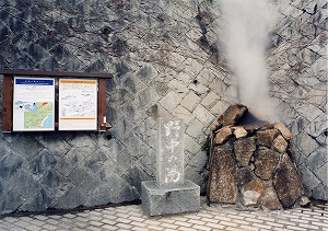 写真：石標が置かれた野中の湯。脇の岩から湯気が上がっている